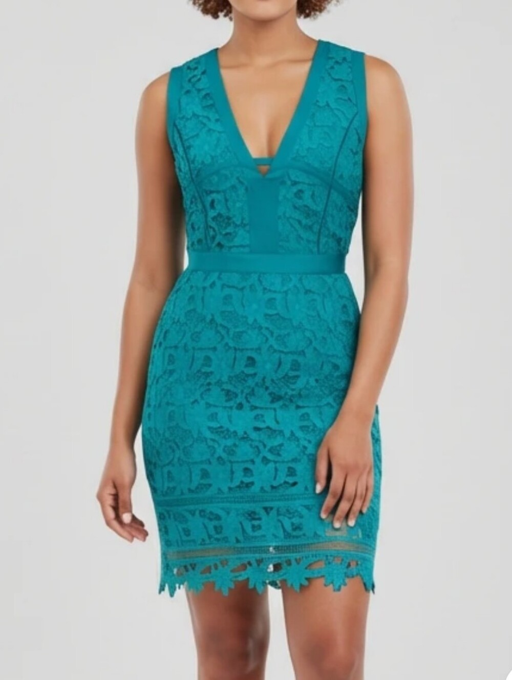 Adelyn Rae Teal Green Floral Lace V-Neck Sleeveless‎ Sheath Dress F612D292 Small